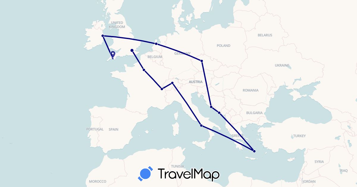 TravelMap itinerary: driving in Switzerland, Czech Republic, France, United Kingdom, Greece, Croatia, Ireland, Italy, Netherlands (Europe)